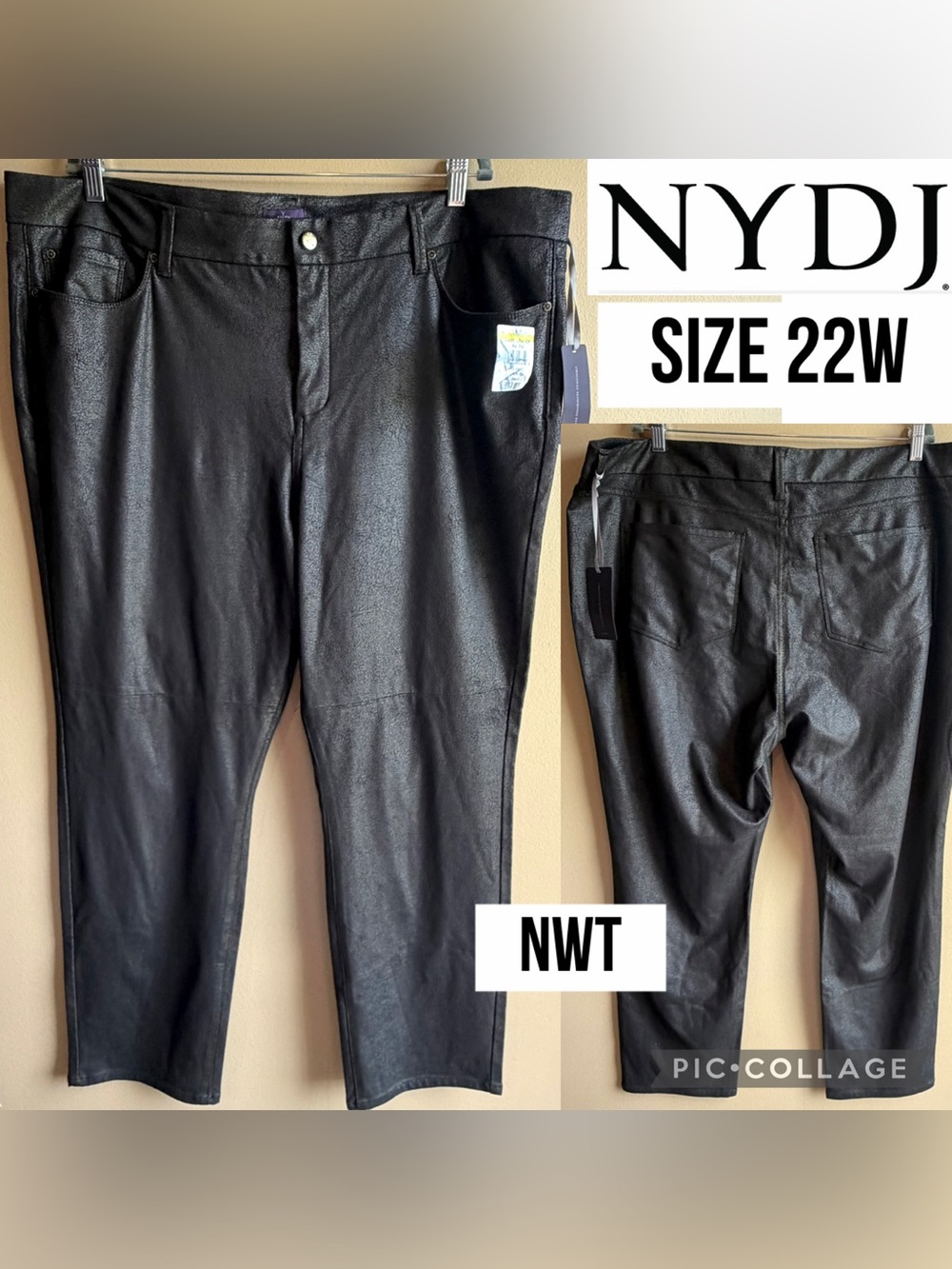 NWT NYDJ Womens Pants Black Faux Leather Lift Tuck Skinny Jeans WHLK93T Size 22W